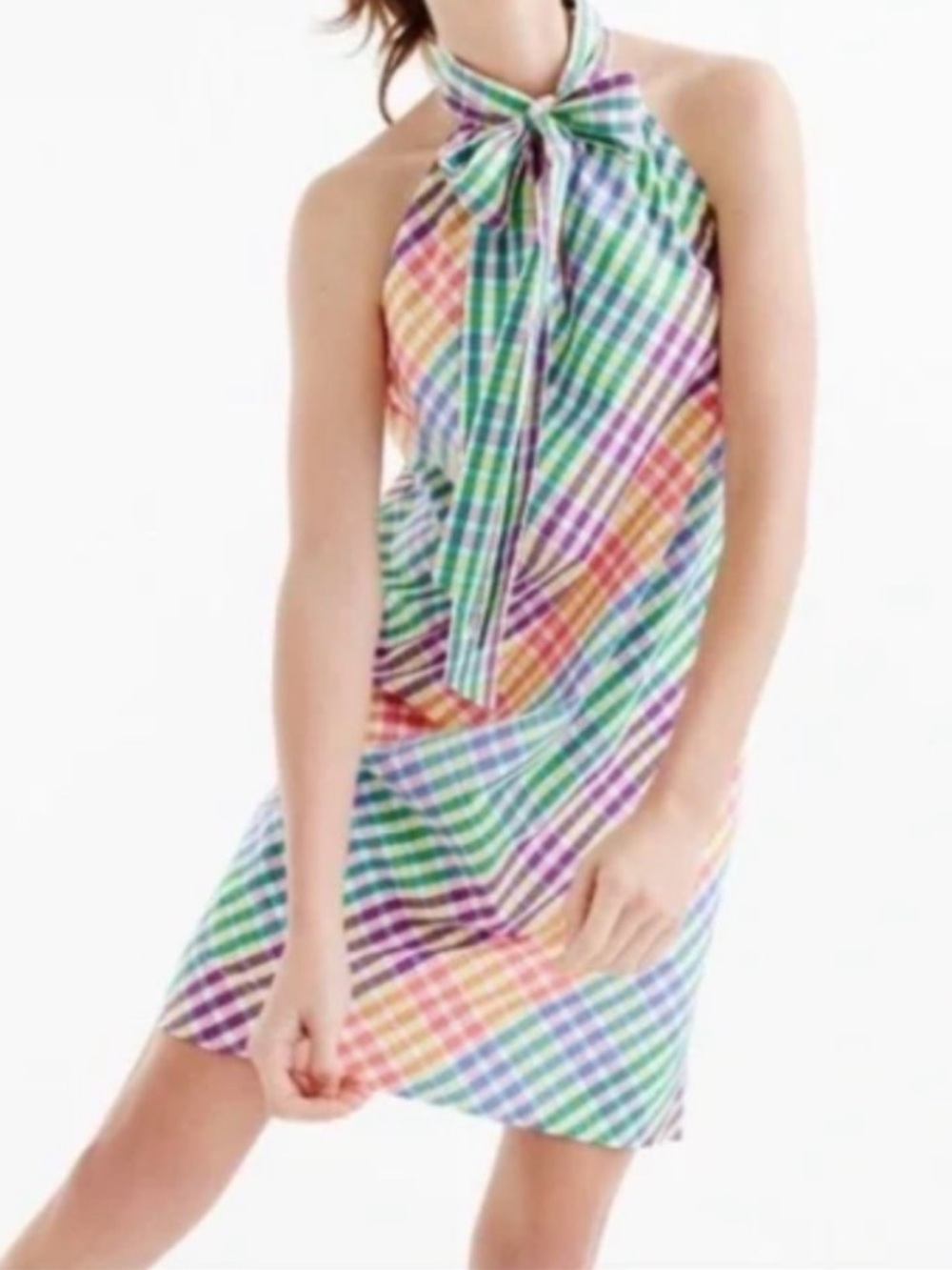 J. Crew Tie Neck Rainbow Gingham Plaid Dress